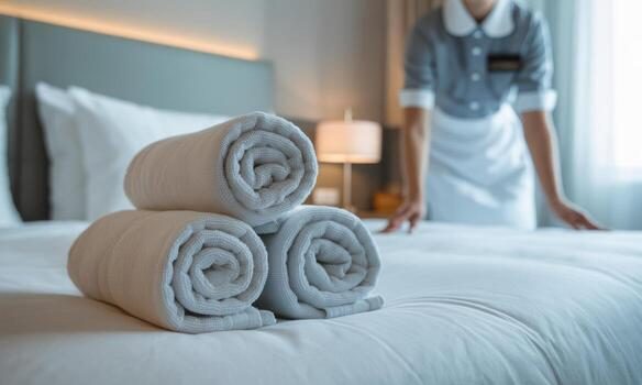 Fresh linens and washroom amenities set up by a hygiene team